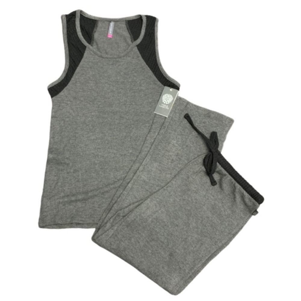 NWT Vince Camuto Womens Vera Tank & Pants Set Grey Black Cozy Fleece Sz Medium